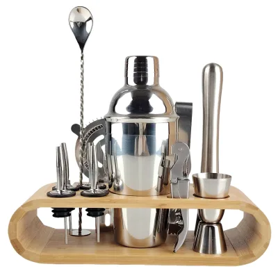 Modern Stainless Steel Cocktail Shaker Set 12-Piece With Arched Bamboo Stand Professional Barware Kit for Bar Restaurant