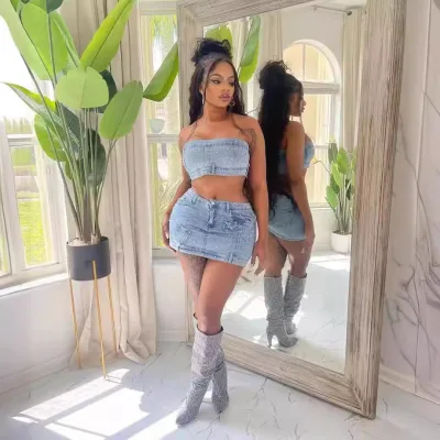 2024 Summer Clothing Denim Two Piece Set Tube Top and Mini Skirt Beading Sexy Two Piece Jean Denim Skirt Set for Women