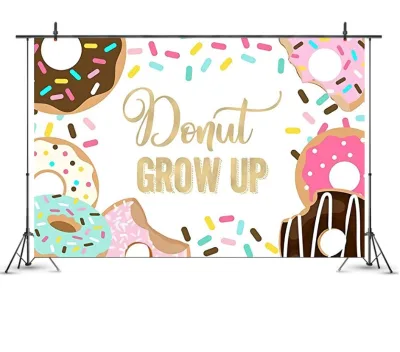 7x5ft Birthday Party Pink Brick Wall Photography Background Baby Girl Shower Golden Glitter Banner Donut Grow up Backdrop
