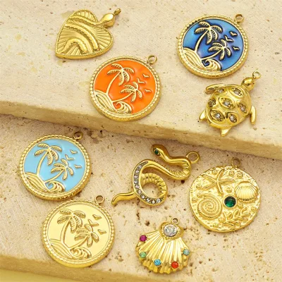 Personalized DIY Beach Stainless Steel Charms Jewelry Enamel Oil Plating 18K Gold Turtle Snake Shell Charms Accessories Making
