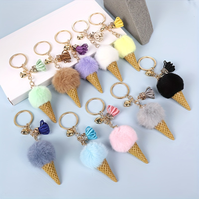 Fashion Ice Cream Plush Pom Pom Keychain with Tassel Charm