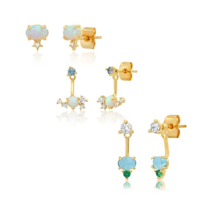 Gemnel Dainty Opal Earrings Set White CZ Blue and Green Accent Ear Jacket Drop Curved Jewelry Real Gold Plating Sterling Silver