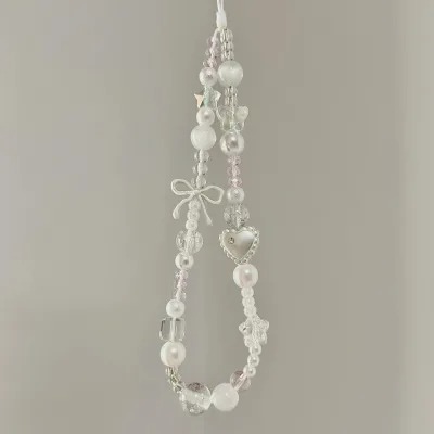 New Korean Cute White Star Pearl Beads Phone Chain Trendy Pendant for iPhone Universal Accessories Lanyard Hanging Rope for Girl