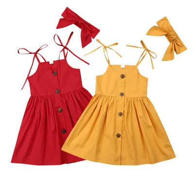New Hot Selling Summer Sleeveless Button Strap Girl Party Dresses Kids Frock Designs Dress
