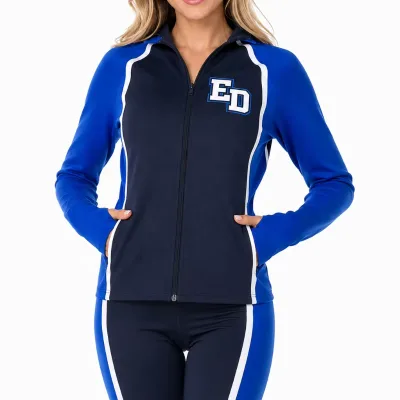 Women Cheer Warm up Jacket Pants Royal Blue Navy Rhinestone Back Full Zip SlimFit Legging Set for Cheerleading Team Uniform Wear
