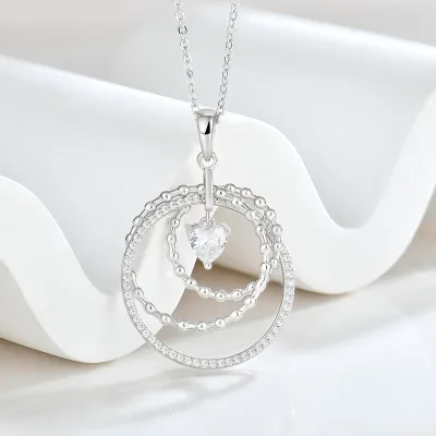 925 Sterling Silver Multi Layer Circle Pendant Necklace Heart CZ Dangling Beaded Ring Necklace Elegant Women Love Jewelry