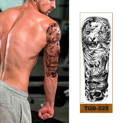 Fashion Custom Colorful Water Transfer Black Skull Tiger Lion WolfRose Saintking War Sexy Full Arm Large Tattoo Stickers for Men