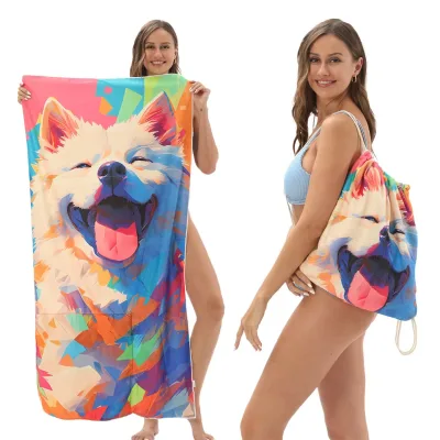 Solid Color Summer Bath & Beach Towel with Customized Printed Design Sporty Foldable Style and Other Material Storage Bag