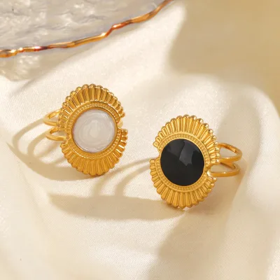 European and American Fashion Trendy Stainless Steel Minimalist Geometric Round Ring Vintage Oil-drip Black and White Titanium