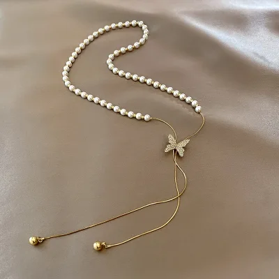 Women's Stainless Steel Necklace with Long Fringe Gold Plated Butterfly Pearl Religious Style Zircon Diamond Main Stone for Gift