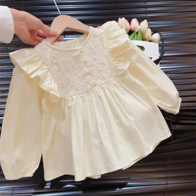 2024 New Autumn Spring Kid Girl Long Sleeved Ruffle Cute Blouse Shirt