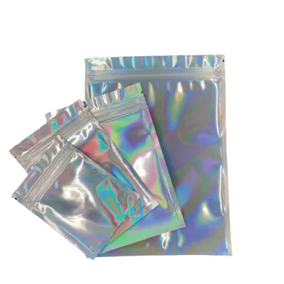 Factory Customized Logo Laser Film Printing Zipper Holographic bag Laminated Mylar ziplock Plastic resealable Holographic Bag