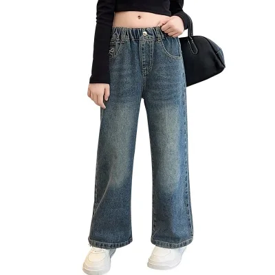 New Style Casual Girls Jeans Kids Casual Pants in Denim Material for Little Girls Straight Style Jeans