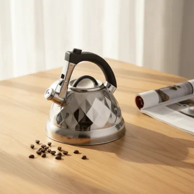 2.5L Stainless Steel Whistling Tea Kettle Modern Classic Design with Glass Body Diamond Capsuled Steel Lid