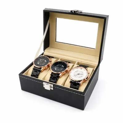 Custom Jewelry Watch Display Cases 3-Slot PU Leather Luxury Faux Suede Lining Durable Rectangle Shape Black Color Watch Boxes