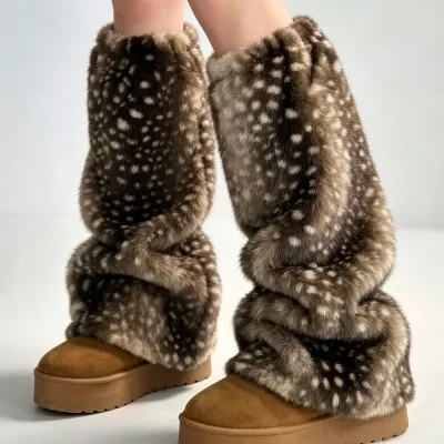 Plush Faux-fur Acrylic Fluffy Thickened Knitted Sock Boot Toppers Long-style Fawn-patterned Leg Warmers Fall Winter Fashion