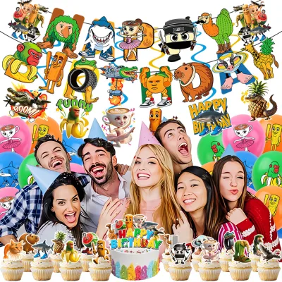 Linda Tung Tung Sahur American Classic of Mountains and Seas Birthday Party Decoration Wooden Stick People Pulling Flag Balloon