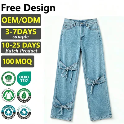 Custom Light Wash Pattern Women Wide Leg Jeans Bow Knot Design Baggy Loose Denim Trousers Y2K Casual Ladies Denim Pants