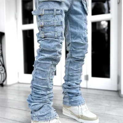 Custom Men's Straight Jeans 100% Cotton Mid Waist Stonewashed Solid Vintage Stacked Denim Windproof Breathable