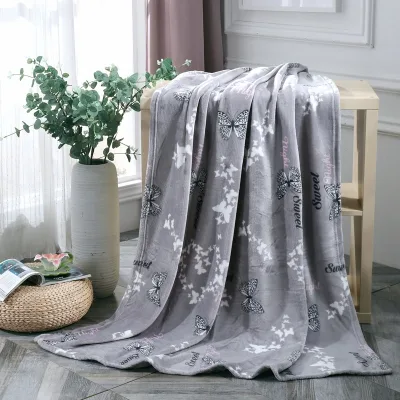 FY Flannel Blanket Wholesale Super Soft Luxurious Grey Butterfly Print Skin-friendly Raschel Blanket