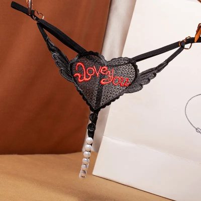 Love You Pearl Crotchless T-Back Embroidery Lace Brief Pearl Panty Sexy Thong Female Underwear