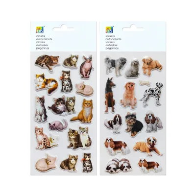 Factory Custom Printing Waterproof PVC Glitter Pet Stickers Cartoon Cute Cat Dog Kiss Cut Puffy Stickers