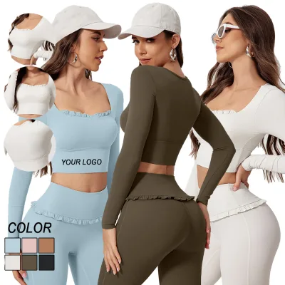 Quick Dry Slimming Fitness Tops Ruffle Trim Padded Workout Tops Square Collar Long Sleeves Women Yoga Top