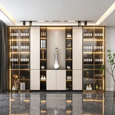 Symmetrical Luxury Full Wall Wine Feature Cabinet Recessed LED Fluted Panel Display Home Bar