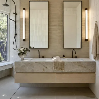 Natural Light Grey Marble Bathroom Vanity Double Sink Wall Mounted With Oak Cabinet