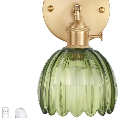 Vintage Battery Operated Wall Sconce With Green Tulip Glass Lampshade RechargeableWall Light With Remote Control for Bedroom