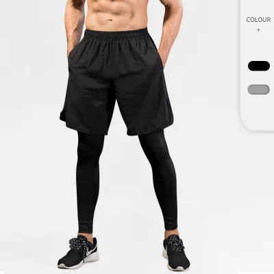Men's Elastic Quick-Drying Fitness Sports Running Training Pants Casual Solid Two-Piece in One Design for Summer