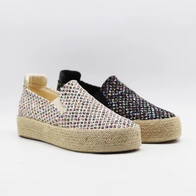 Rhinestone Embellished Slip-On Espadrille Platform Sneakers with Jute Woven Sole Bohemian Summer Casual Footwear for Women