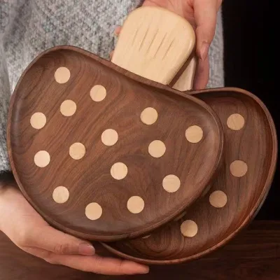 Solid Wood Polished Modern Minimalist Cute Children Dinner Plate Mushroom-Shaped Fruit Snack Serving Tray Dining Plate Baby