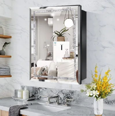 Exquisite Diamond Pattern Iron Mirror Cabinet with Beveled Edges and Enlarged Doors for Surface Mounting and Recessed Mounting