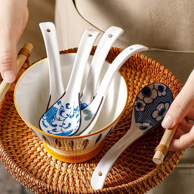 Creative Blue White Ceramic Long Handle Spoon Dinner Soup Spoon Restaurant Noodle Soup