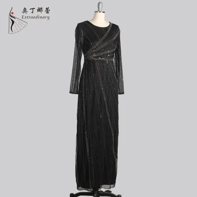 Elegant Sequin Beaded Long Evening Party Dress Long Sleeve Dress