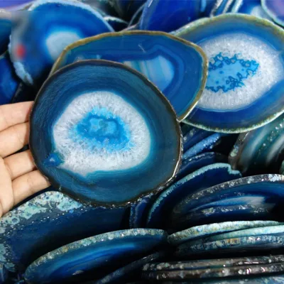 Wholesale Bulk New Trends Design Gift Slice Mixed Color Gold Rim Black Rose White & Blue Natural Stone Agate coaster Set
