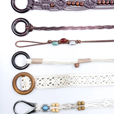 Wholesale Women's Genuine Leather Belts, Double Ring Wax Ropes, Wooden Bead Woven Ropes, Long Tassel Belts