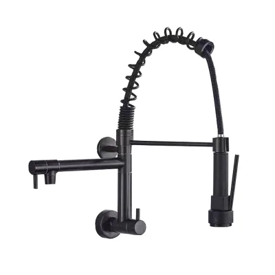 Contemporary Modern Wall-Mounted Kitchen Faucet for Sink Single Handle Ceramic Valve Core Cold Water Only Spring Pull-Down Spray