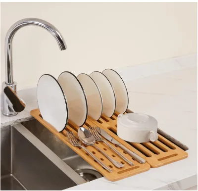Foldable Bamboo Dish Drying Rack Over the Sink Dish Drainer Drying Rack Wood Dish Rack for Kitchen Counter