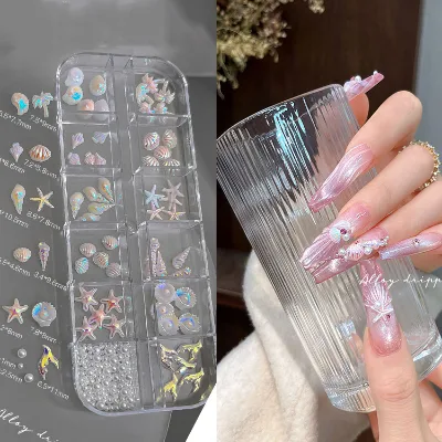 New Summer Mixed 12-grid Mini Starfish Resin Nail Art Accessories Aurora Iridescent Conch Designs Resin Nail Charm Wholesale