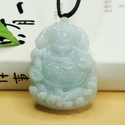 Natural Grade a Jadeite Jade God of Wealth Pendant Necklace Green Jadeite Jade Fortune God, Caishen