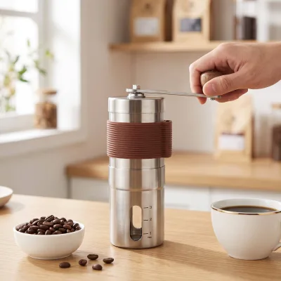 Manual Coffee Grinder Stainless Steel Hand Crank Burr Coffee Mill Adjustable Grind Size Portable with Measuring Window