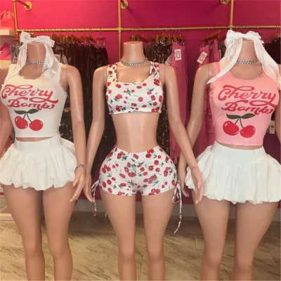 ZHEZHE Cute Letter Tank Top Mini Skirt Set  Pleated Sexy Chery Bubble 2 Piece Set Women Club Wear