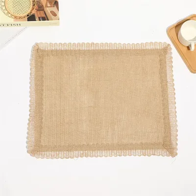 High Quality Friendly 100% Nature Jute Placemat Rectangle square with Webbing Ribbon Lace Mat Waterproof for Wedding Home Decor