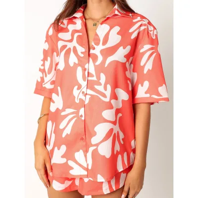 Button up Collared Shirt Matching Shorts Linen Short Sleeve Shirt High Waist Shorts Set Floral Linen Two Pieces Shirt Sets