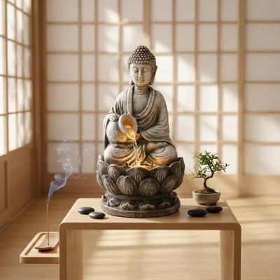 Golden Buddha Water Fountain with LED Light, 30cm Zen Meditation Waterfall for Home,Antique Resin Figurine with Lot Base