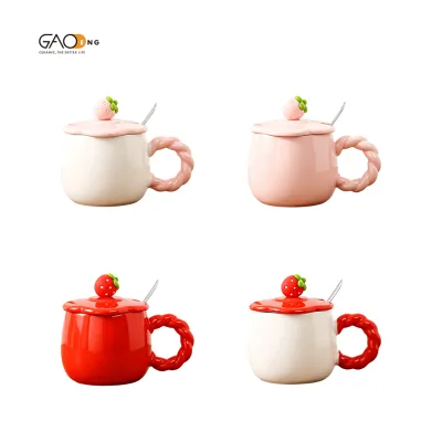 Cute 3D Strawberry Ceramic Mug Lid Spoon Twisted Handle Porcelain Eco-friendly Food Safe Microwave Dishwasher Safe Coffee Cup