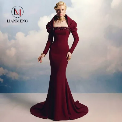 LM D361 Burgundy Long Sleeve Mermaid Evening Gown High Neck Rhinestone Slim Fit Chapel Train Formal Satin Dress