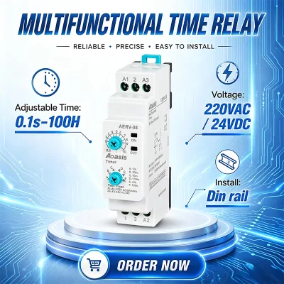 AERV-08 5A/250VAC Adjustable Delay Time Timer Relay SPDT 1NC Miniature Din Rail Sealed LED Display